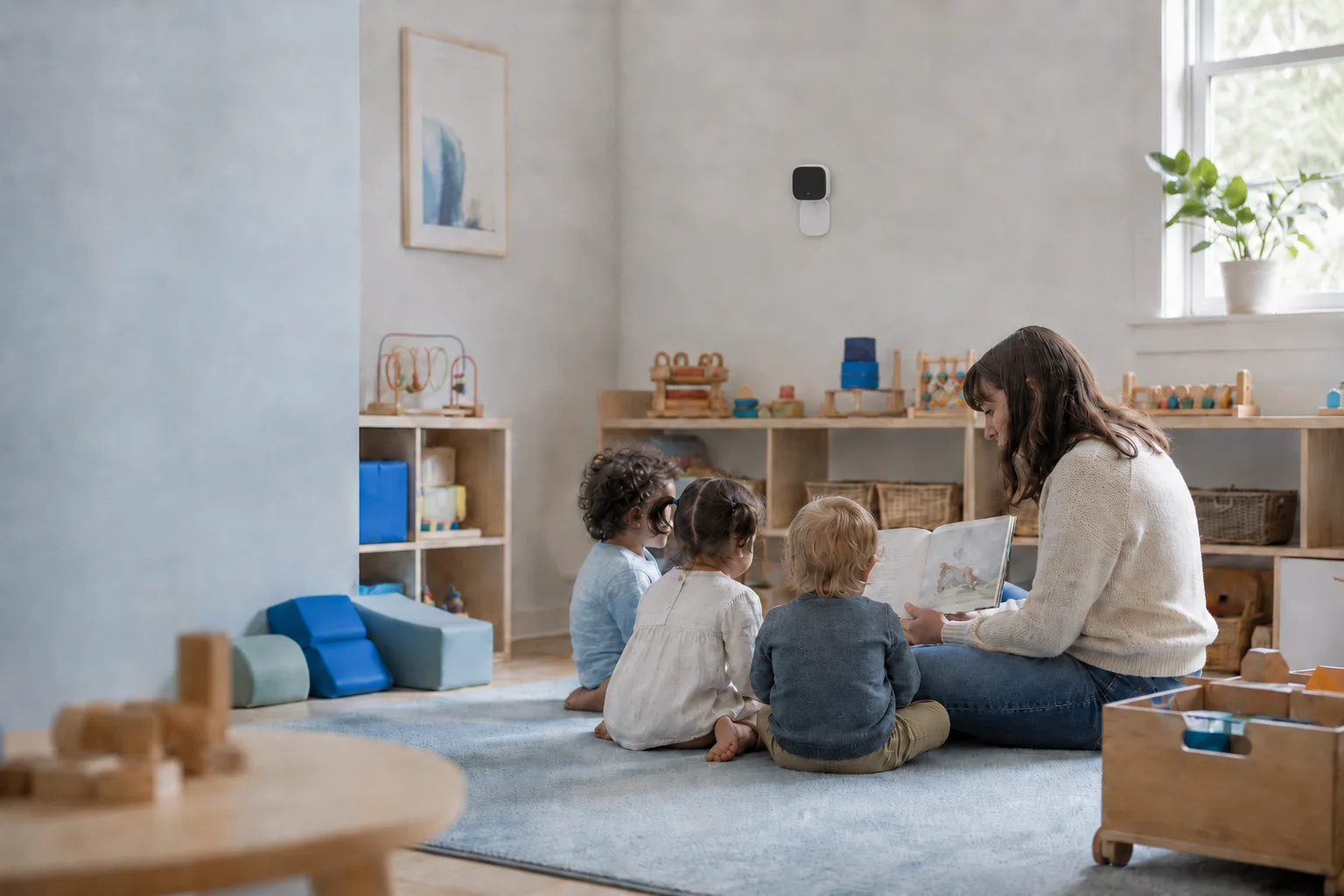A teacher reads to three toddlers in a sunlit playroom, a Memoria sensor on the wall above them.